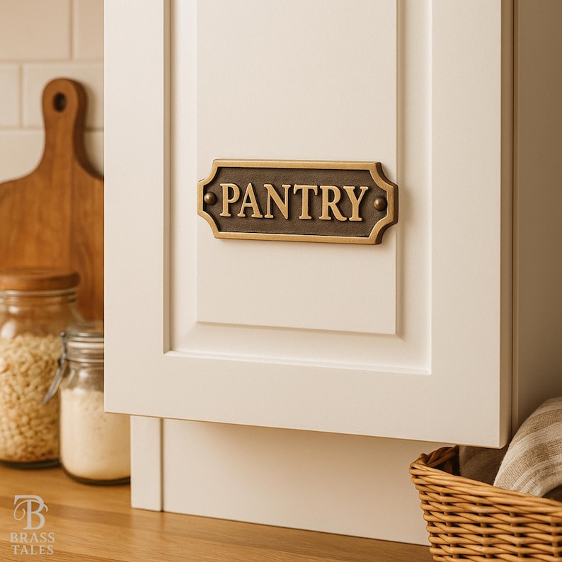 May include: A bronze-colored pantry sign with the word "PANTRY" in capital letters is mounted on a white cabinet door. The sign has a decorative border and is part of a kitchen organization theme.