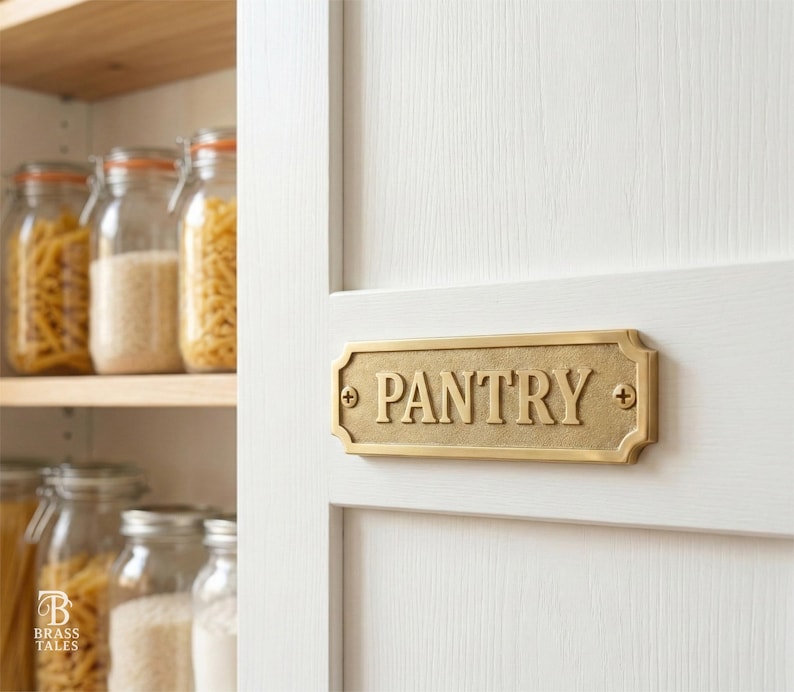 May include: A rectangular brass pantry sign with the word "PANTRY" in bold, raised letters is mounted on a white door. The sign has decorative edges and is secured with small screws. Jars of pasta and rice are visible on a shelf.