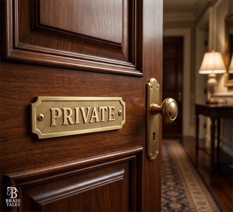 May include: A close-up of a wooden door with a brass "PRIVATE" sign and matching door handle. The sign is rectangular with rounded corners and is mounted on the door with two screws. The door is open, revealing a hallway.