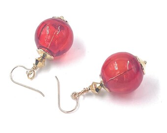 Christmas red Ornament Earrings. Hand Blown Glass. 14K Gold fill ear wires. Holiday Party Earrings