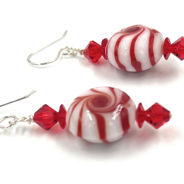 Peppermint Candy Earrings/Christmas Earrings/Swarovski Crystal Earrings/Holiday Earrings Sterling Silver-Stocking Stuffer