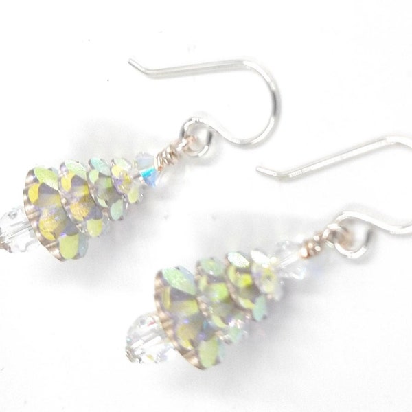 Swarovski Crystal Silver Aurora Borealis Christmas Tree Earrings. Foil Back Margaritas.  Sterling Silver. Stocking stuffer for women