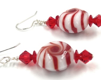 Pendientes de caramelo de menta, joyería navideña de plata de ley con cristal Swarovski