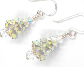 Swarovski Crystal Silver Aurora Borealis Christmas Tree Earrings. Foil Back Margaritas.  Sterling Silver. Stocking stuffer for women