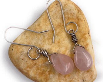 Rose Quartz Drop Earrings. The Love Stone. Sterling Silver Handmade Ear Wires. Gift for her.