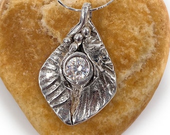 Fine Silver Dimensional Pendant. Sparkling CZ. Sterling Chain Included