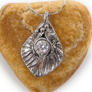 Fine Silver Dimensional Pendant. Sparkling CZ. Sterling Chain Included