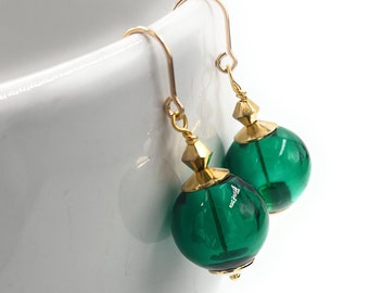 Emerald Green Christmas Ornament Earrings. Hand Blown Glass. 14K Gold fill ear wires. Holiday Party Earrings