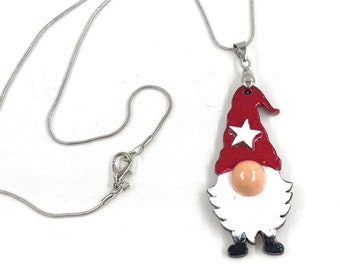 Gnome Pendant. Trendy Gnome Jewelry. Red hat & Star Gnome. Late night Gnomes. Chain included.