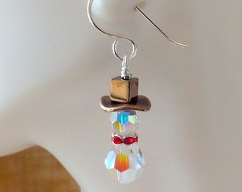 Pendientes de vaquero con muñeco de nieve, cristales Swarovski Aurora Boreal, pendientes navideños de plata de ley