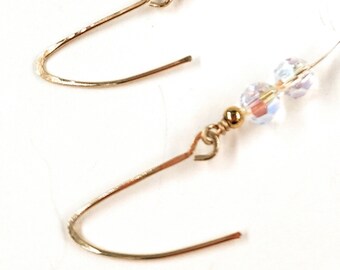 14K Gold Filled Wire Hammered Earrings.Swarovski Crystal Earrings. Gifts for her.