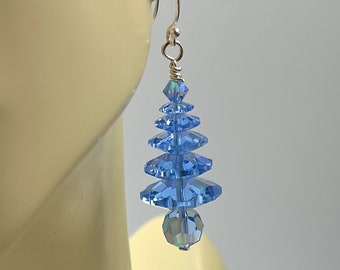 Swarovski Crystal Sapphire Christmas Tree Earrings. Sterling Silver ear wires. 5 Tier tree. Blue Christmas Tree