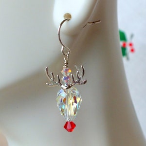 Rudolph Red Nosed Reindeer Earrings-Swarovski Crystal Christmas Earrings-Antlers-Unique-Trendy-Holiday Earrings-Sterling Silver image 2