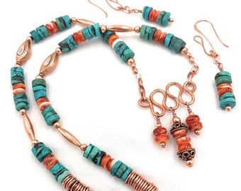 Turquoise Necklace and Spiny Oyster Shell Copper Jewelry Set