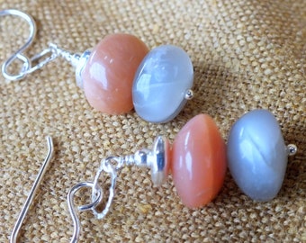 Moonstone Earrings. Apricot Moonstone. Blue gray Moonstone Chakra Earrings. Luminous Earrings.