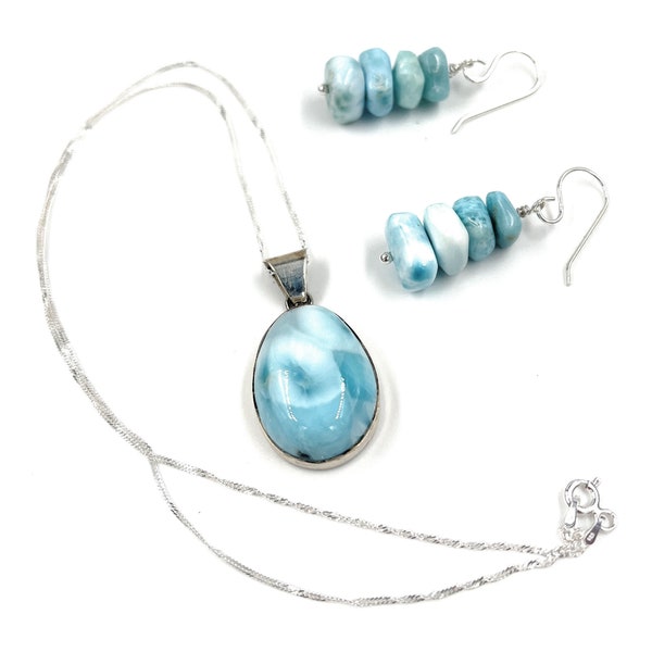 Larimar Necklace and Earring Set - Atlantis Stone - Dolphin Stone. Caribbean Jewel of the Sea. Gift for her