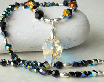 Swarovski Jet Crystals and Sterling Silver - Jewelry Set. Swarovski Focal. Necklace and Earrings