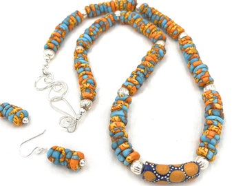 Ghana African Necklace and Earrings-Fair Trade Beads-Jewelry Set-Colorful Bright Long Necklace-Sterling Silver Clasp