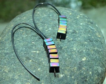 Niobium hypoallergenic Earrings. Metallic hematite squares. Modern Earrings.