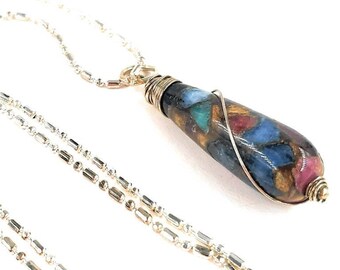 Quartz ruby emerald sapphire color long tear drop pendant. 18 inch Sterling Chain.