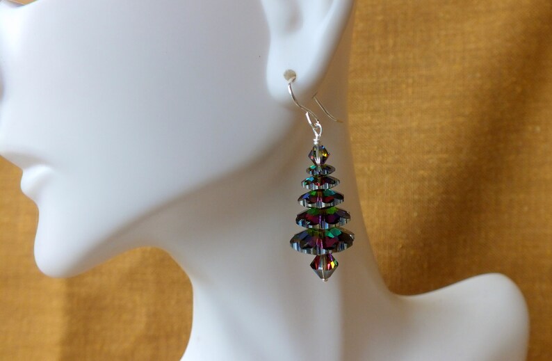 Large Swarovski Vitrail M Christmas Tree Earrings. 5 Tiers Holiday Earrings. Sterling Silver. Gift Boxed & Ready to ship. image 4