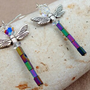 Dragonfly Earrings. Hematite Earrings. Crystal Earrings. Metallic Earrings. Lightweight Earrings.