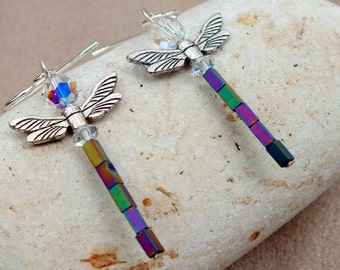 Dragonfly Earrings. Hematite Earrings. Crystal Earrings. Metallic Earrings. Lightweight Earrings.