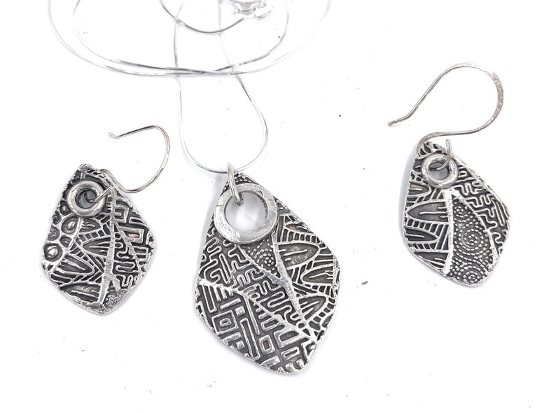 Fine Silver Pendant and Earring Jewelry Set. Abstract Design. Sterling Chain. Free Shipping. Gift for her. image 2