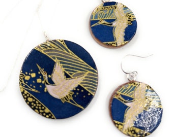 Japanese Chiyogami bird of happiness Jewelry-1st Anniversary Gift "Cranes"  Earrings, Pendant, Sterling Chain, Box and Gift Card