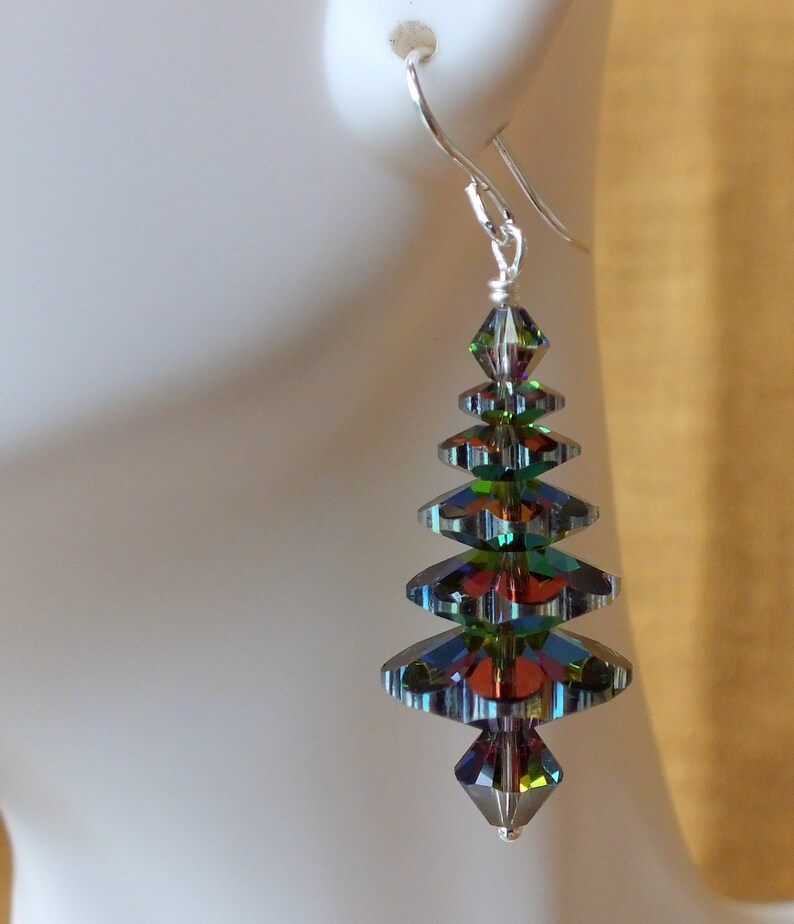 Large Swarovski Vitrail M Christmas Tree Earrings. 5 Tiers Holiday Earrings. Sterling Silver. Gift Boxed & Ready to ship. image 6