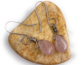 Rose Quartz Drop Earrings. The Love Stone. Sterling Silver Handmade Ear Wires. Gift for her.