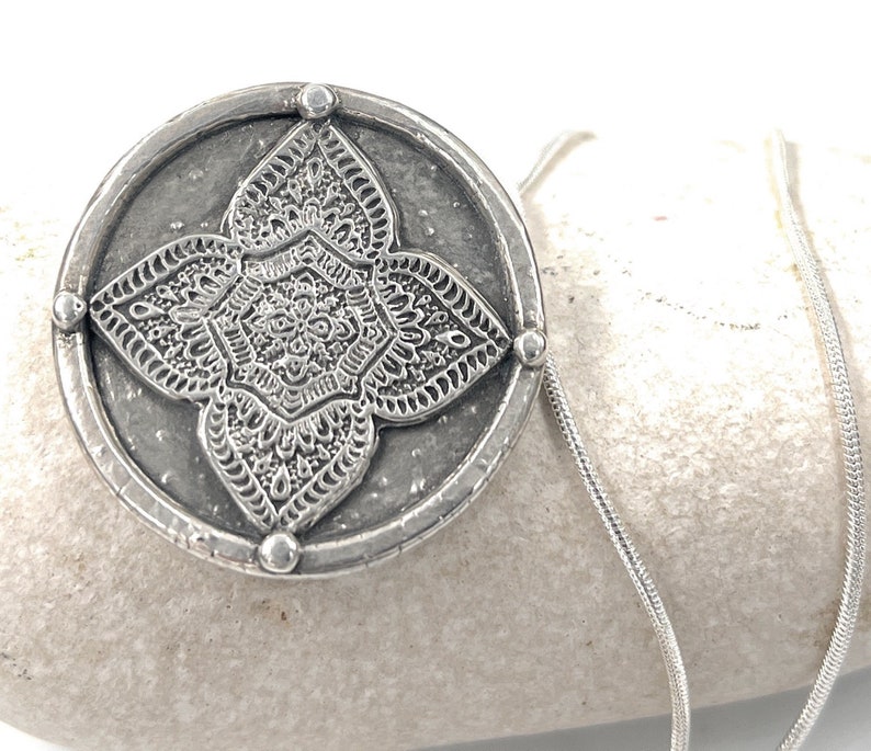 Mandala Pendant. Sterling Silver. Sterling snake Chain Included. image 2