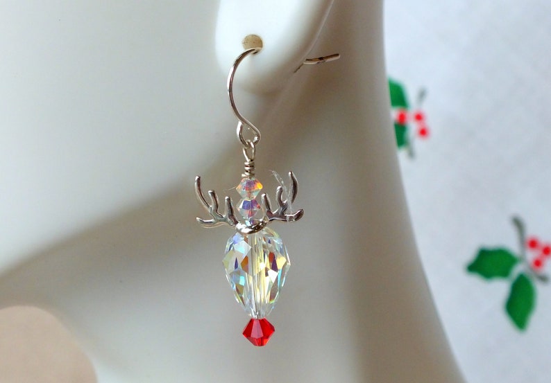 Rudolph Red Nosed Reindeer Earrings-Swarovski Crystal Christmas Earrings-Antlers-Unique-Trendy-Holiday Earrings-Sterling Silver image 2