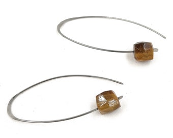 Tiger's Eye Niobium Earrings-Hypoallergenic Earrings-Nickel Free Earrings-Minimalistic Earrings-Long Earrings