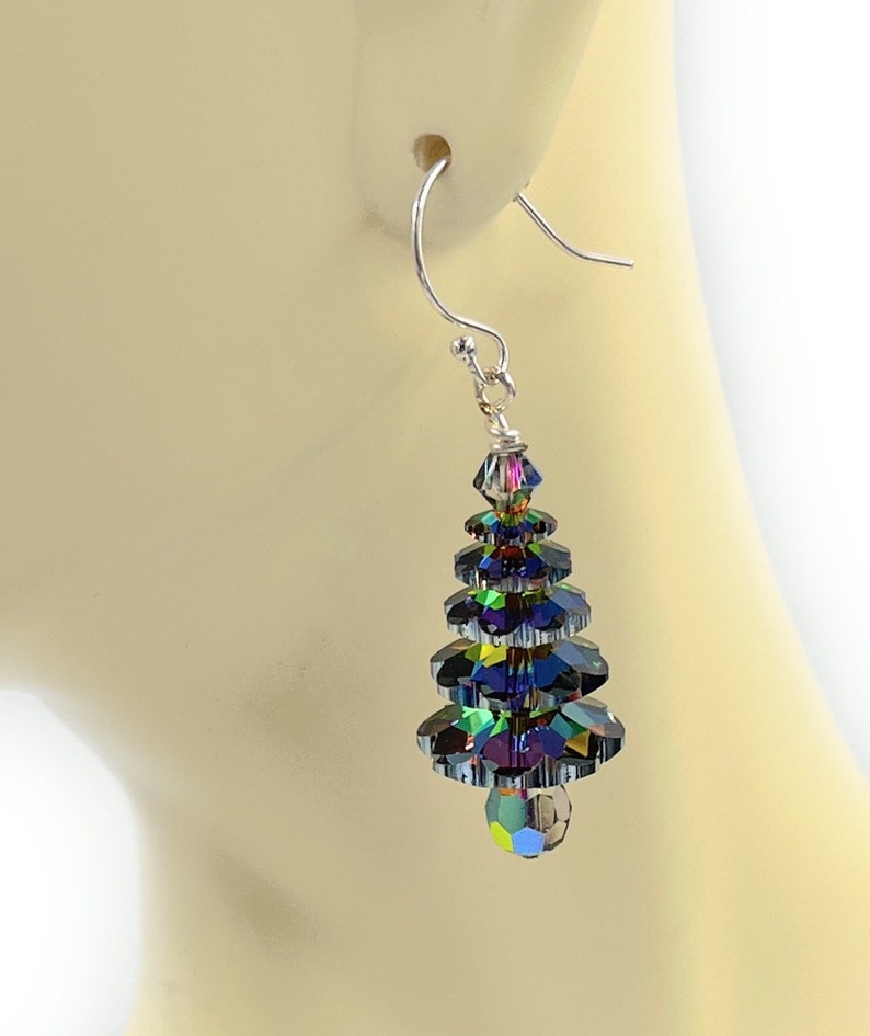 Large Swarovski Vitrail M Christmas Tree Earrings. 5 Tiers Holiday Earrings. Sterling Silver. Gift Boxed & Ready to ship. image 2