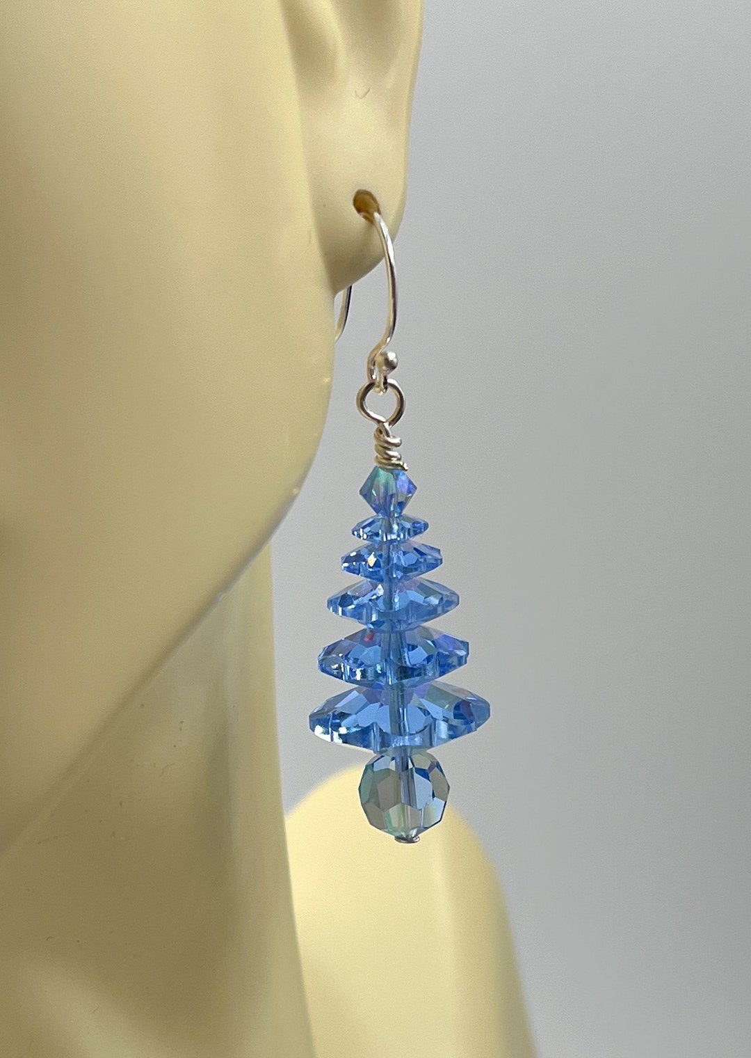 Swarovski Crystal Sapphire Christmas Tree Earrings. Sterling Silver Ear Wires. 5 Tier Tree. Blue