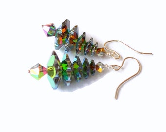 Large Swarovski Vitrail M Christmas Tree Earrings. 5 Tiers- Holiday Earrings. Sterling Silver.  Gift Boxed & Ready to ship.