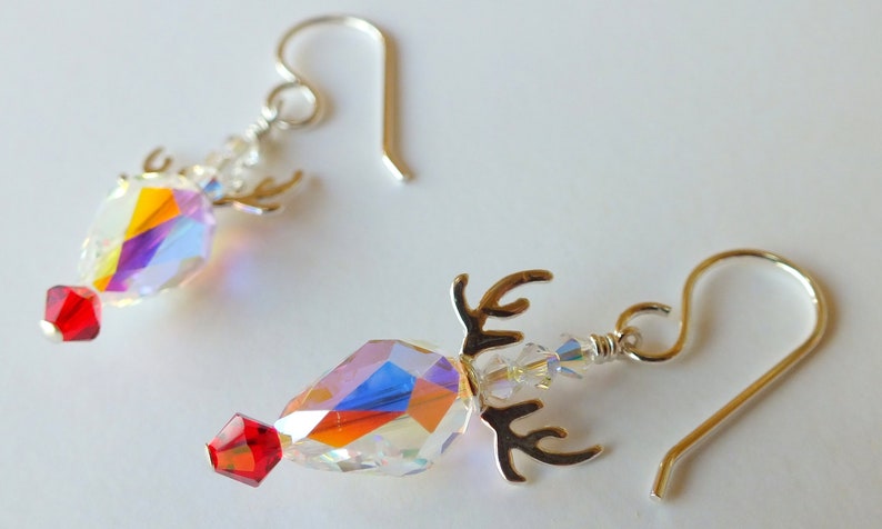 Rudolph Red Nosed Reindeer Earrings-Swarovski Crystal Christmas Earrings-Antlers-Unique-Trendy-Holiday Earrings-Sterling Silver image 7