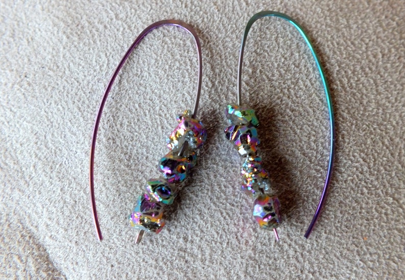 Rainbow Niobium Quartz Mystic Titanium Drusy Earrings-Hypoallergenic Earrings-Long Earrings image 3
