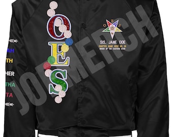Chaqueta bomber de satén de la Orden de la Estrella del Este con bordado personalizado: diseño con purpurina personalizado