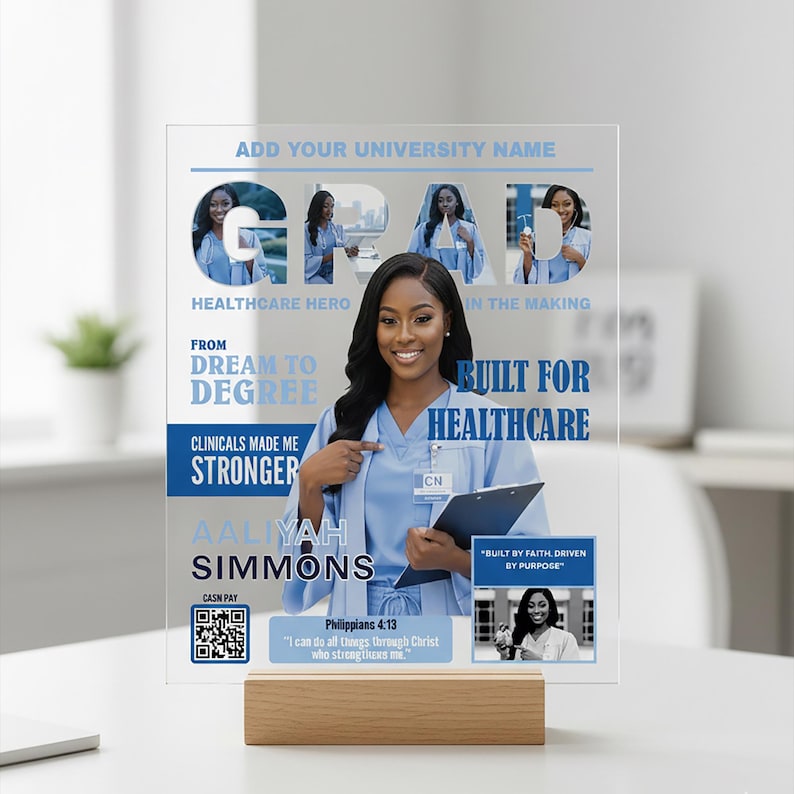 Clear acrylic nursing graduation plaque shown in multiple sizes including 4.5×7, 6×9, 8×10, and large 13×20 for easy size comparison. Personalized graduation keepsake for nursing students and registered nurses.
