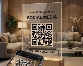 Custom Acrylic QR Code Sign with LED - Customizable QR Code Business Standing Signs - Social Media Desk Display Sign - Scan To Pay Sign