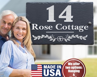 Personalized Slate House Number Sign: Floral Address Plaque