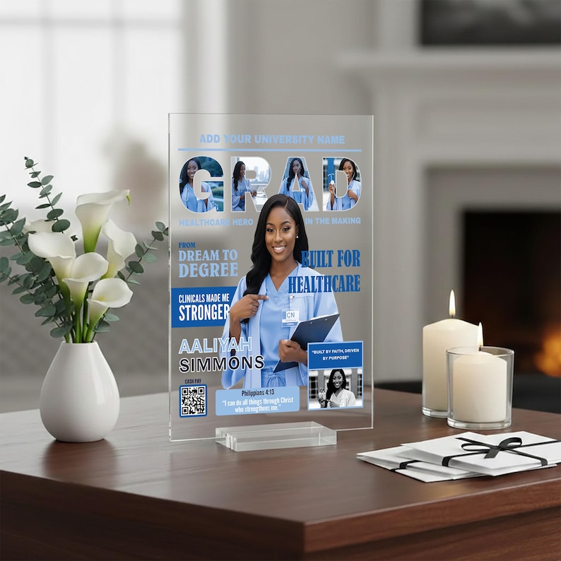Close-up view of a transparent acrylic nursing graduation sign with smooth polished edges and high-quality UV printing. Elegant personalized nurse graduation gift with a modern luxury finish.