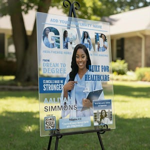 Personalized nursing graduation acrylic displayed on a desk using a clear acrylic stand. Modern indoor décor with soft lighting, ideal for a registered nurse or nursing student gift.