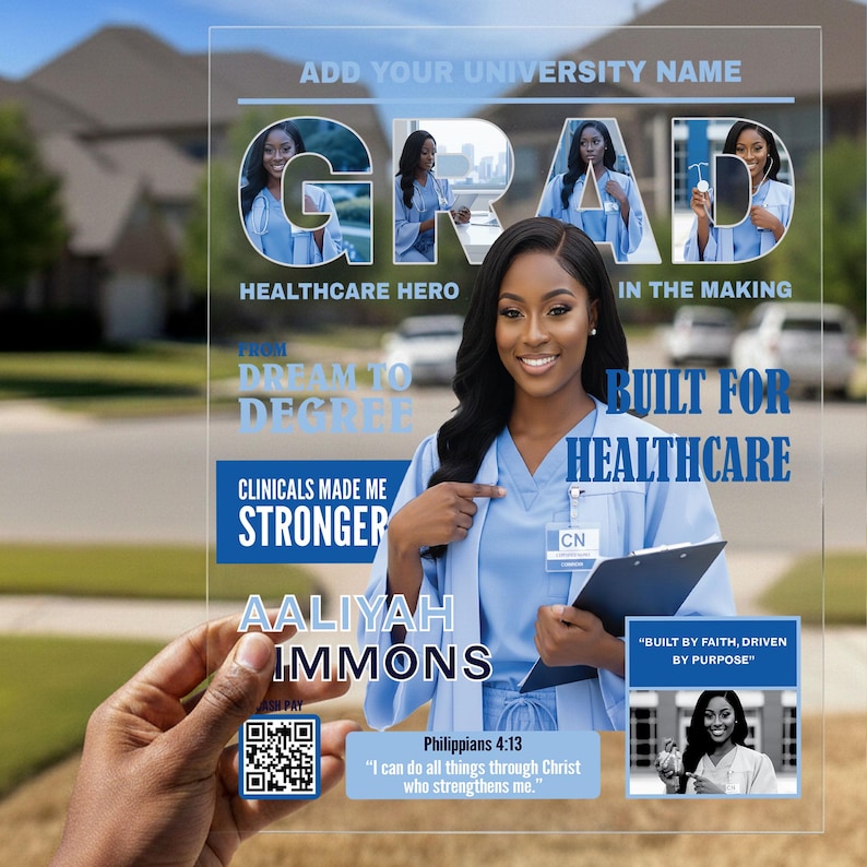 Luxury personalized nursing graduation acrylic keepsake displayed in a modern upscale interior with soft neutral tones, warm lighting, minimal décor, and plants. Clear acrylic plaque celebrating a nursing graduate, perfect as a graduation gift for nurses.