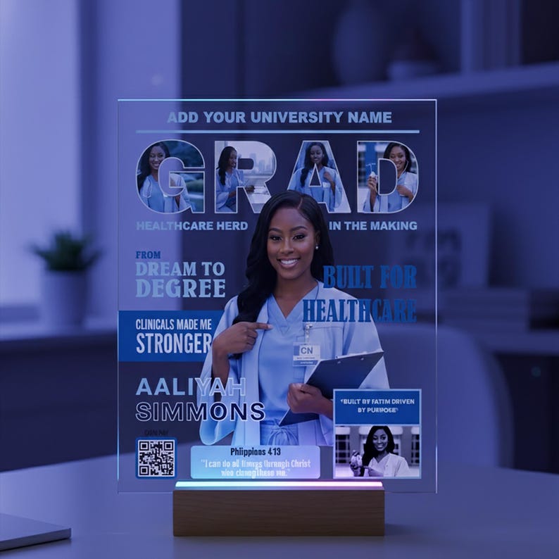 Clear acrylic nursing graduation sign used as décor for a graduation party. Personalized graduation keepsake perfect for celebrating nursing school completion.
