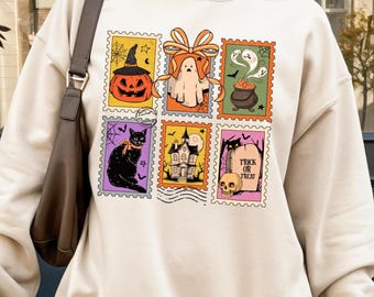 Halloween Cute Ghost Pumpkin Cat Sweatshirt, Retro Ghost Shirt, Halloween Gift for Women, Cute Ghost Shirt, Women's Halloween Shirt, Pumpkin