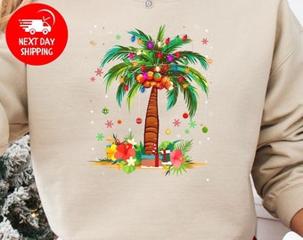 Christmas Palm Tree Sweatshirt, Tropical Xmas Shirt, Florida Christmas Gift, Beach Christmas Sweatshirt, Santa July Hawaiian Shirt, Xmas