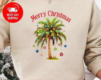 Christmas Palm Tree Sweatshirt, Tropical Xmas Gift, Florida Christmas Shirt, Beach Christmas Hoodie, Santa July Hawaiian Shirt, Xmas Tree